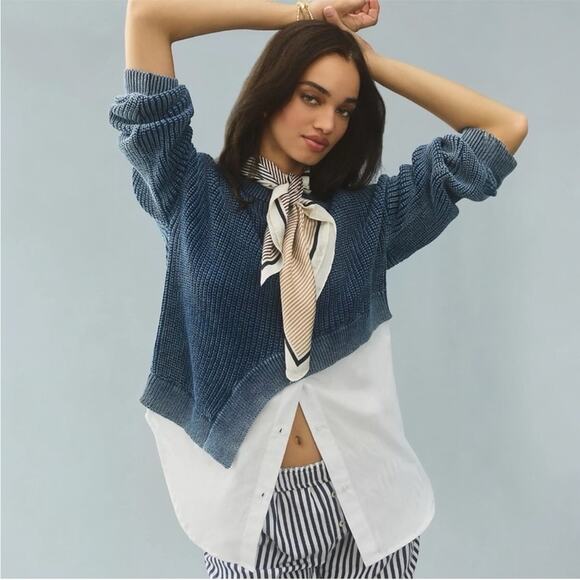 Anthropologie Pilcro Asymmetrical Twofer Blue Chunky Layered Sweater Top Large - Picture 16 of 16